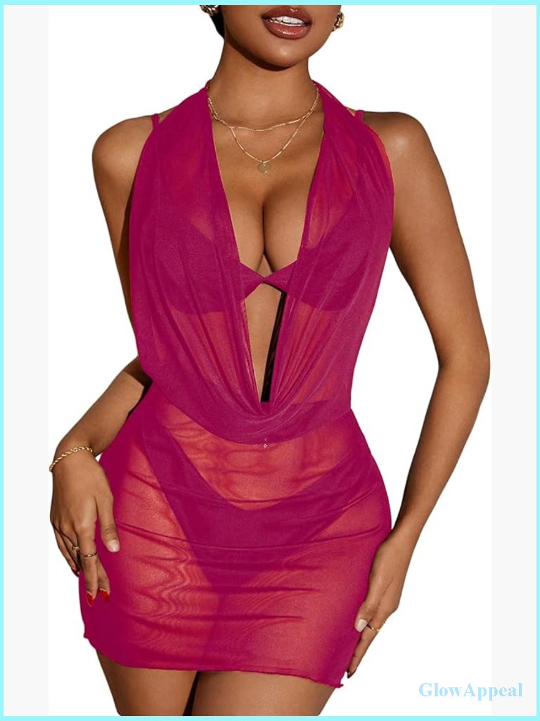 Draped Halter Sheer Mesh Beach Dress Backless Sleeveless Mini Swimsuit Cover Up